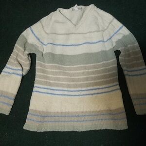 Elegant V-Neck Striped Sweater - Cream, Gray, and Blue